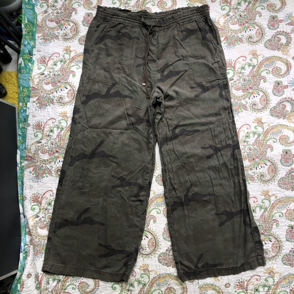 Camo green wide leg linen baggy pants